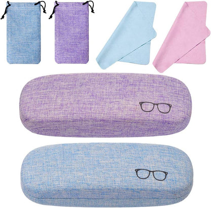 KUOU 2-Pack Hard Shell Eyeglasses Case — Linen Fabric with Drawstring Pouch & Cleaning Cloth