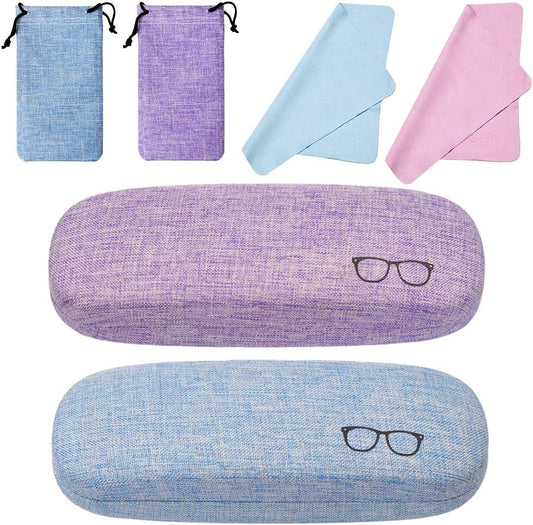 KUOU 2-Pack Hard Shell Eyeglasses Case — Linen Fabric with Drawstring Pouch & Cleaning Cloth